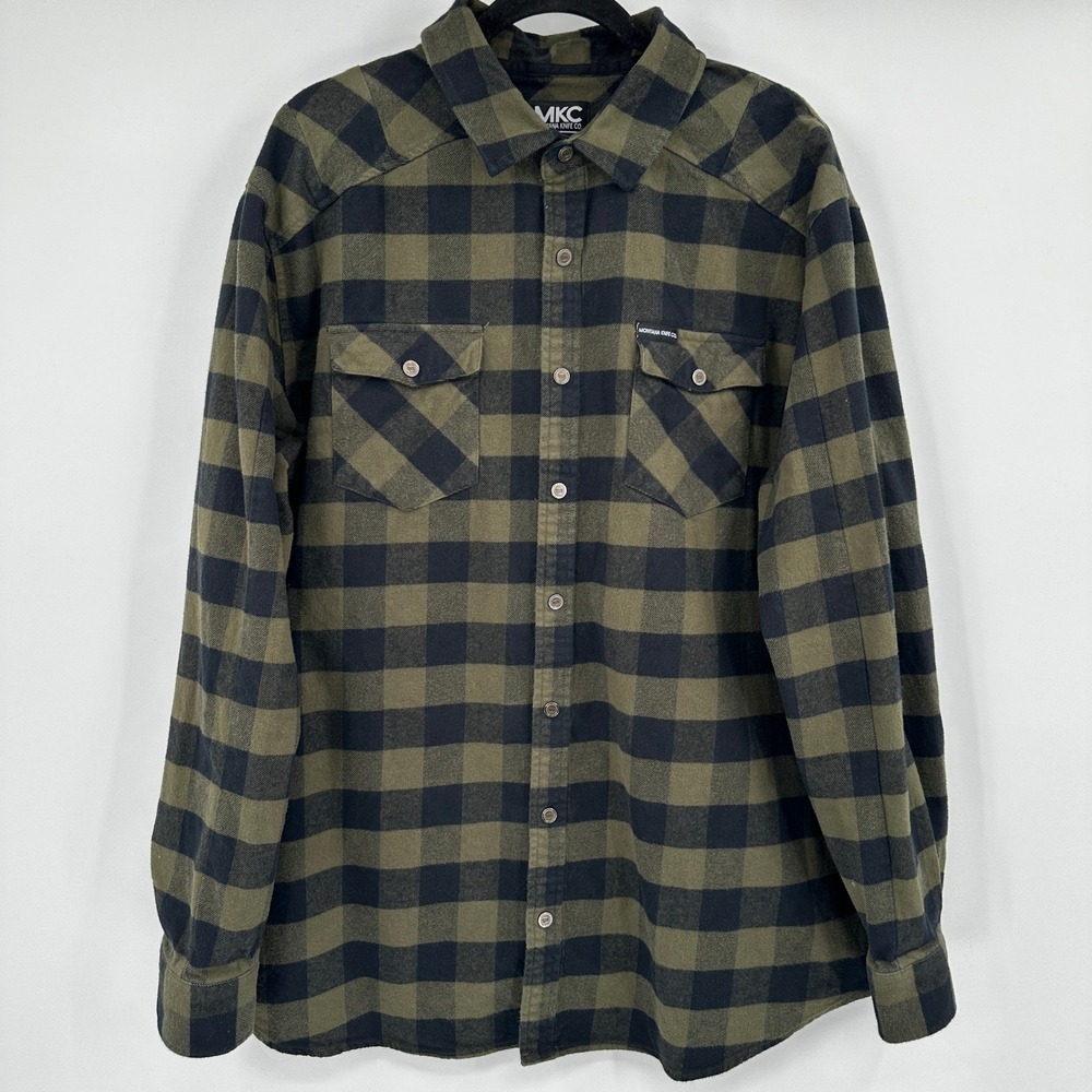 Montana Knife Co Mens 2XL Olive Black Buffalo Plaid Cotton Snap Flannel Shirt